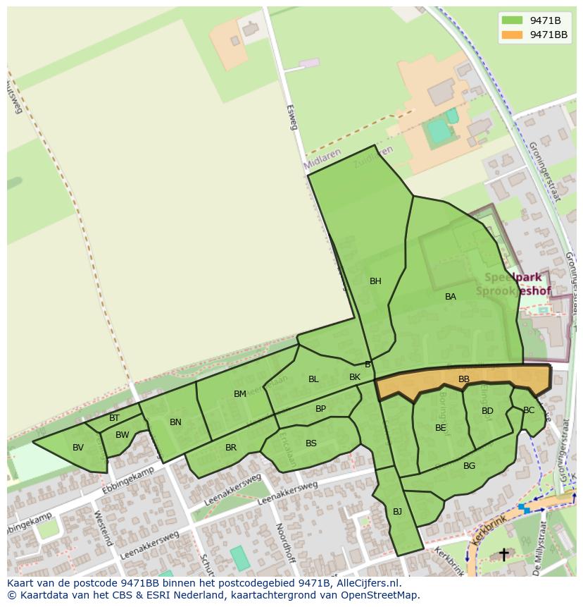 Afbeelding van het postcodegebied 9471 BB op de kaart.