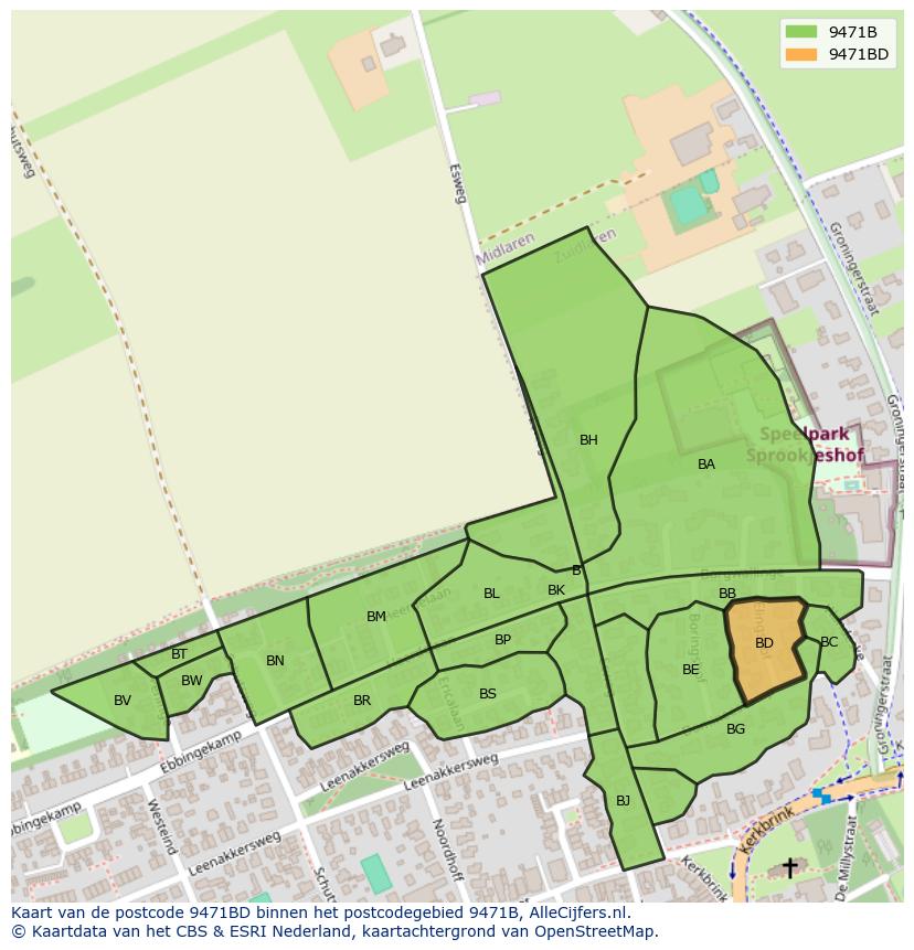 Afbeelding van het postcodegebied 9471 BD op de kaart.