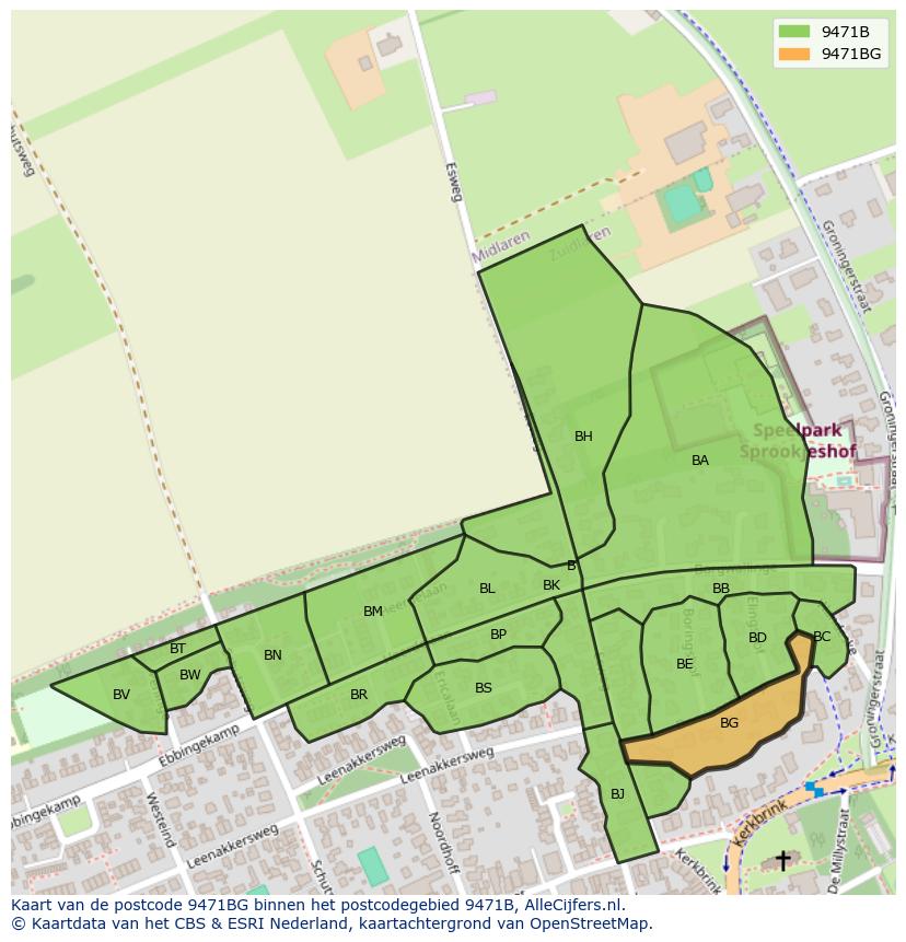Afbeelding van het postcodegebied 9471 BG op de kaart.