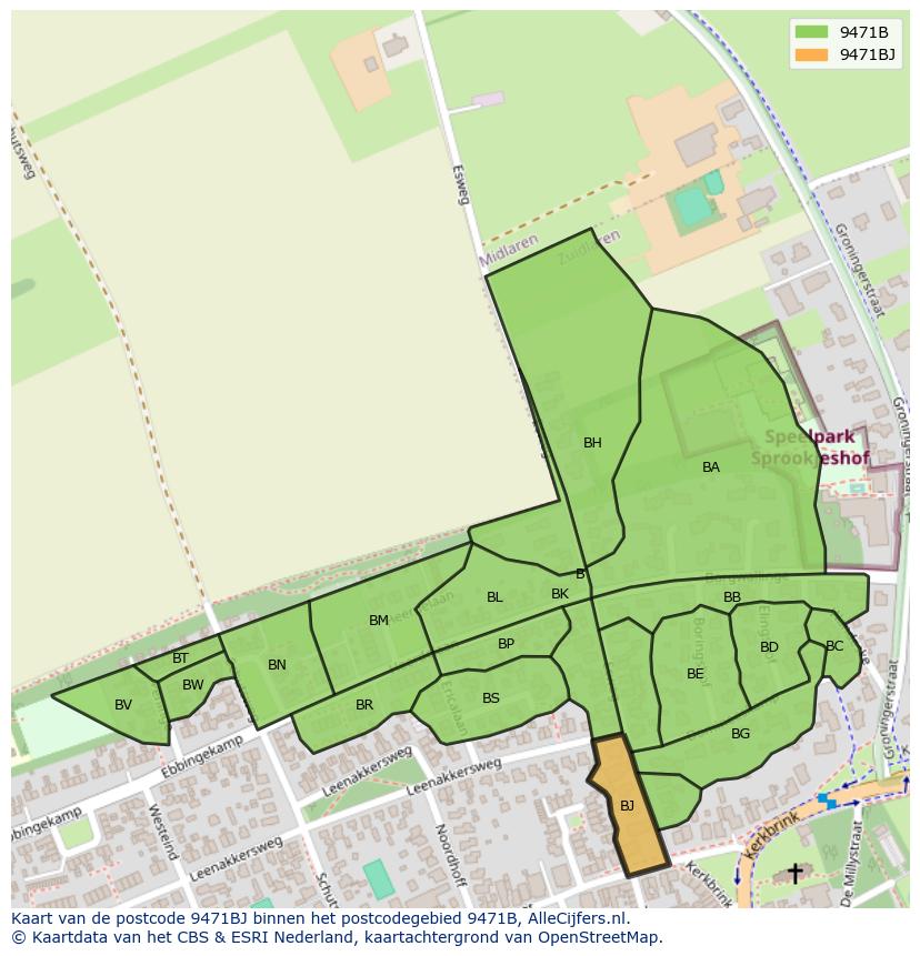 Afbeelding van het postcodegebied 9471 BJ op de kaart.