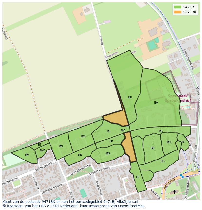 Afbeelding van het postcodegebied 9471 BK op de kaart.