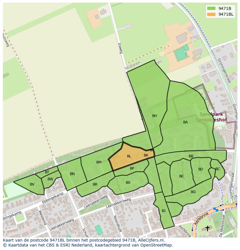 Afbeelding van het postcodegebied 9471 BL op de kaart.