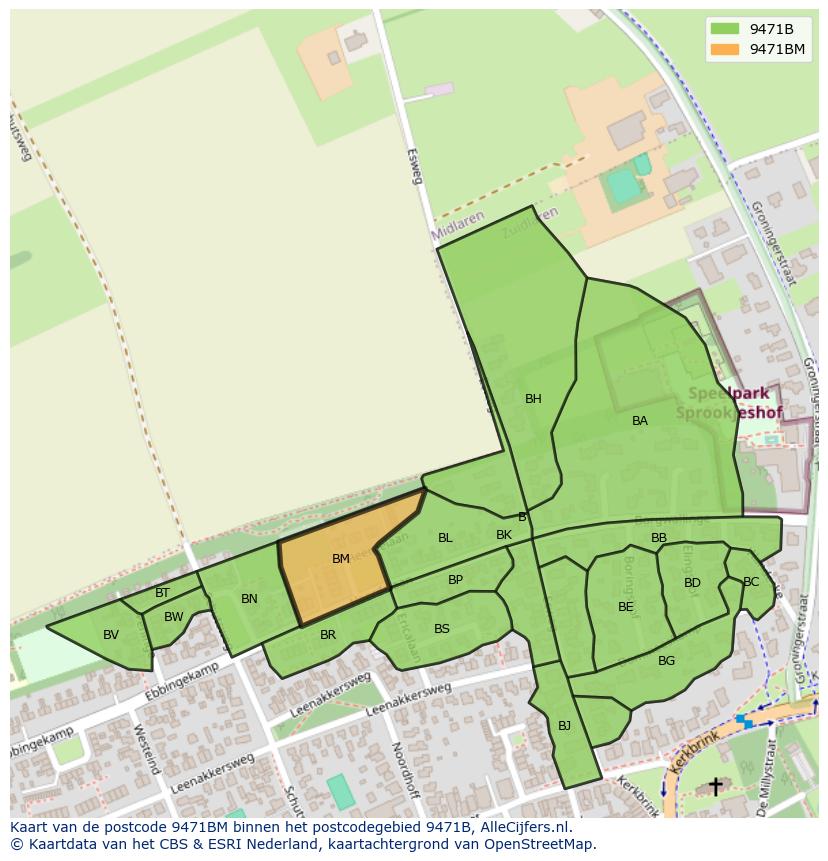 Afbeelding van het postcodegebied 9471 BM op de kaart.