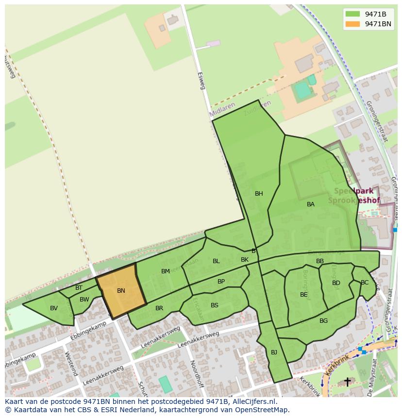 Afbeelding van het postcodegebied 9471 BN op de kaart.