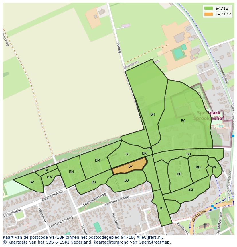Afbeelding van het postcodegebied 9471 BP op de kaart.
