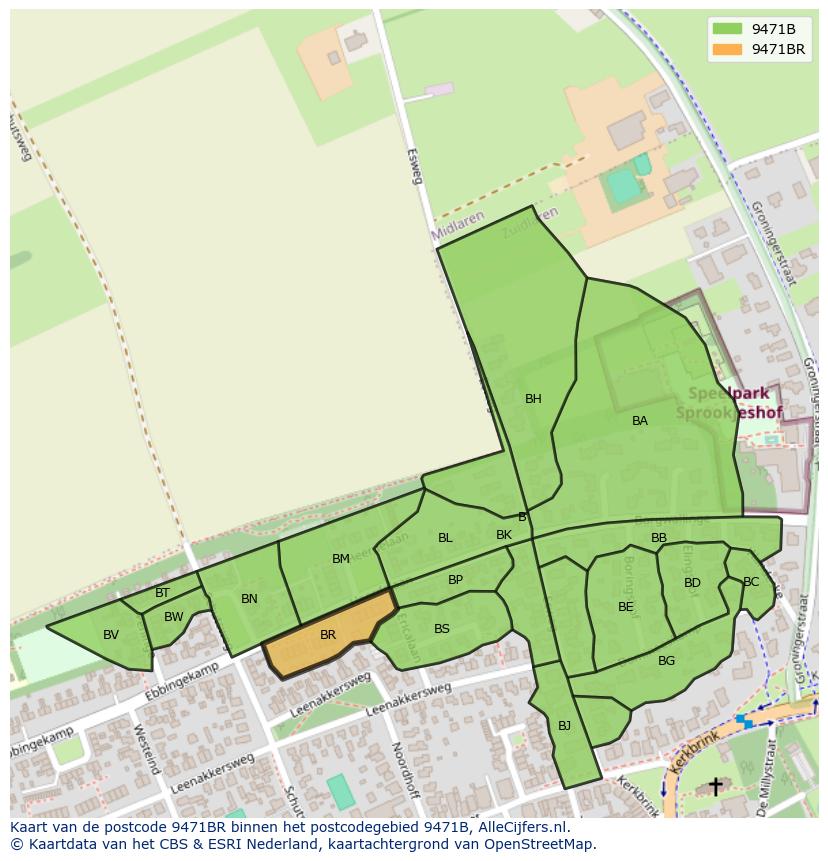 Afbeelding van het postcodegebied 9471 BR op de kaart.