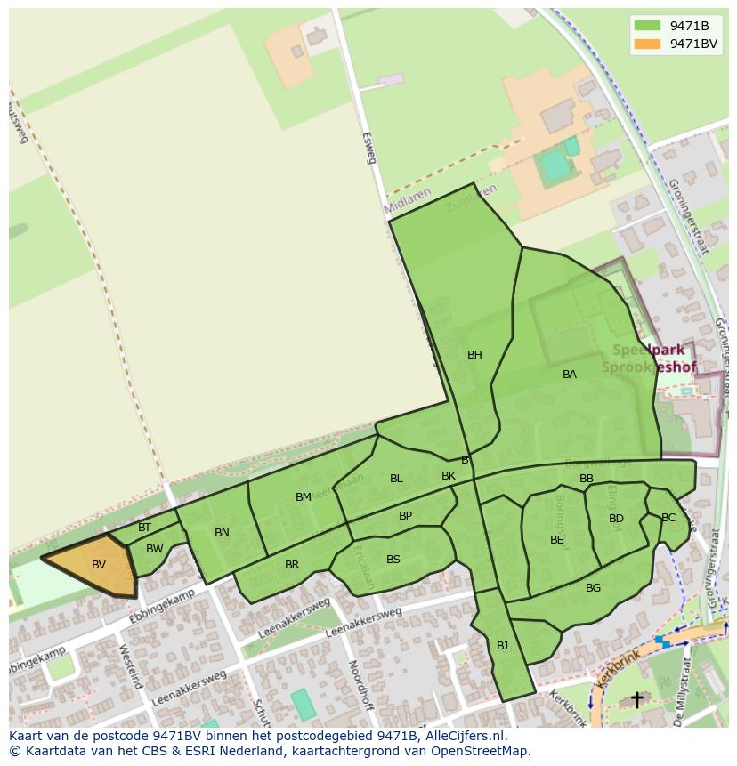 Afbeelding van het postcodegebied 9471 BV op de kaart.