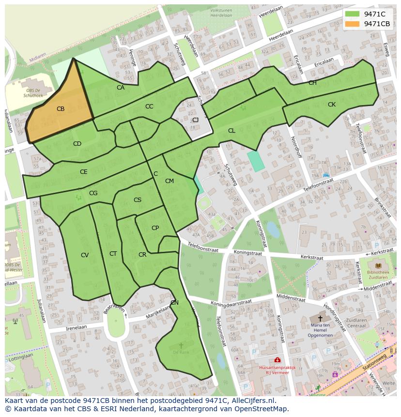 Afbeelding van het postcodegebied 9471 CB op de kaart.
