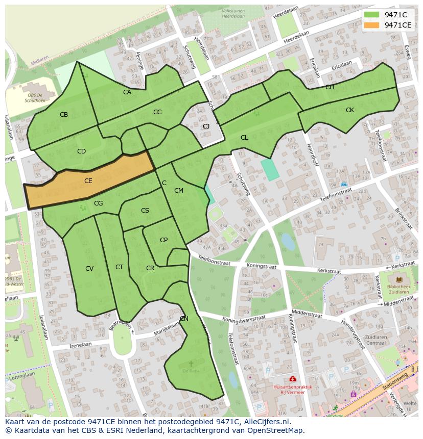 Afbeelding van het postcodegebied 9471 CE op de kaart.