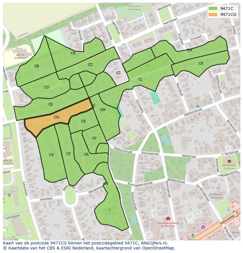 Afbeelding van het postcodegebied 9471 CG op de kaart.