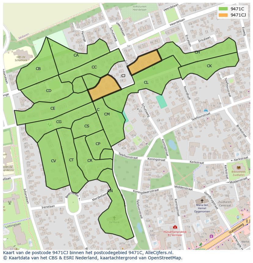 Afbeelding van het postcodegebied 9471 CJ op de kaart.