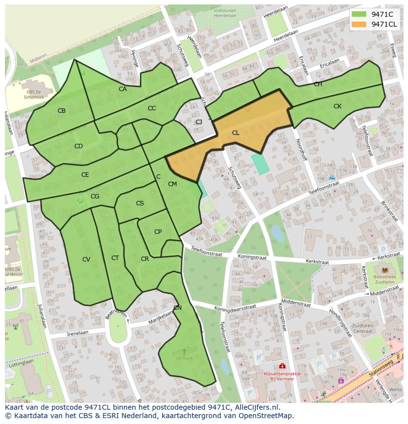 Afbeelding van het postcodegebied 9471 CL op de kaart.