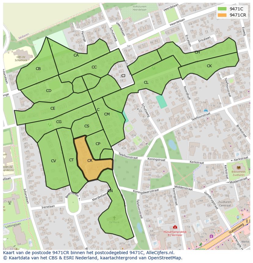 Afbeelding van het postcodegebied 9471 CR op de kaart.