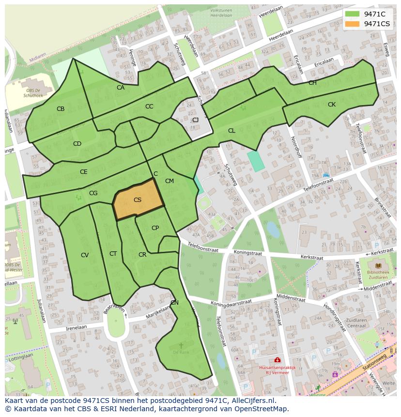 Afbeelding van het postcodegebied 9471 CS op de kaart.