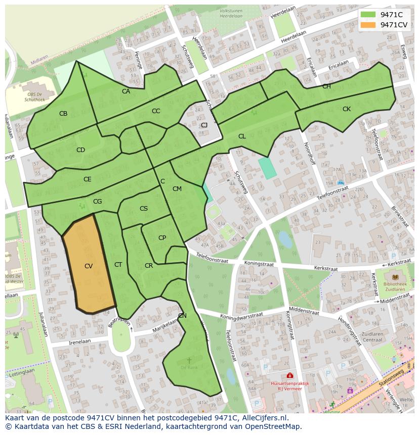 Afbeelding van het postcodegebied 9471 CV op de kaart.