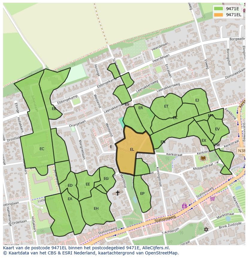 Afbeelding van het postcodegebied 9471 EL op de kaart.
