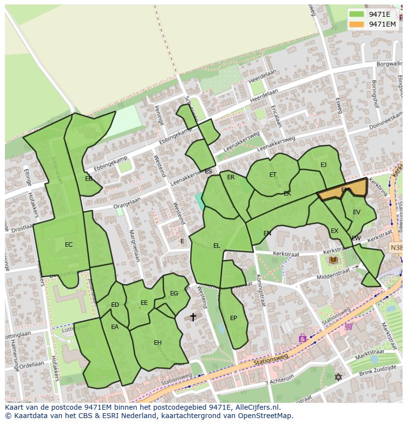 Afbeelding van het postcodegebied 9471 EM op de kaart.