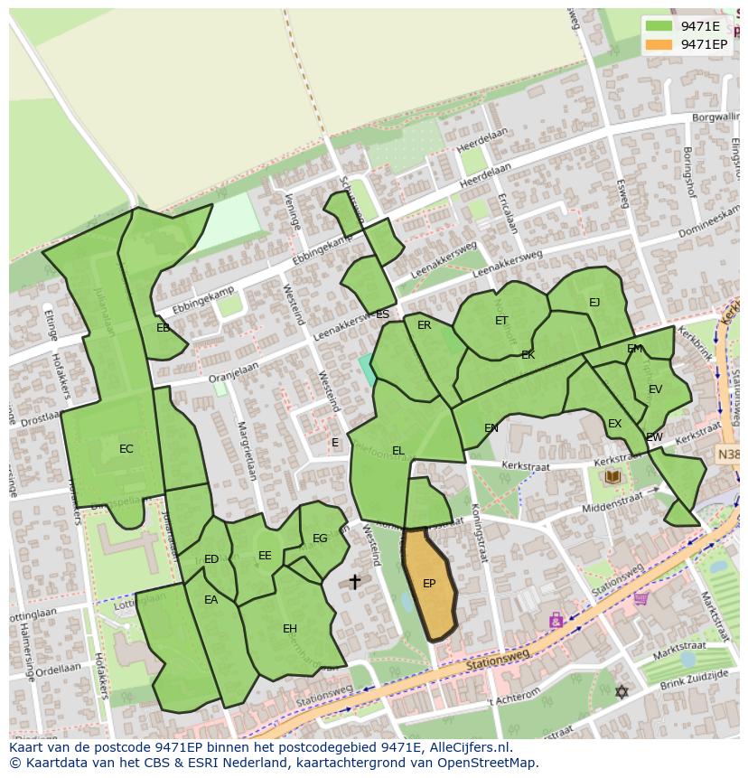 Afbeelding van het postcodegebied 9471 EP op de kaart.