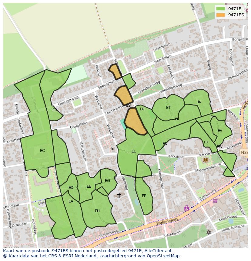 Afbeelding van het postcodegebied 9471 ES op de kaart.
