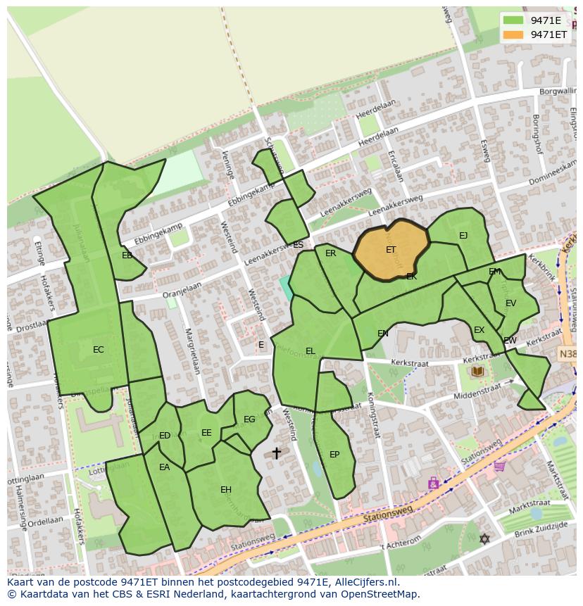 Afbeelding van het postcodegebied 9471 ET op de kaart.