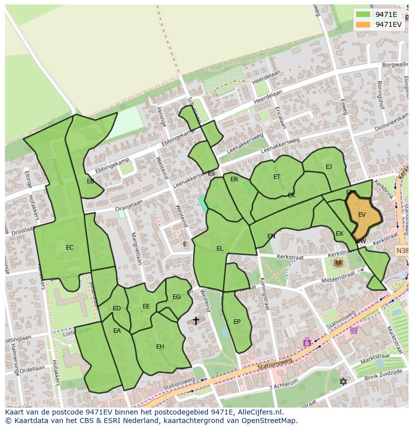 Afbeelding van het postcodegebied 9471 EV op de kaart.