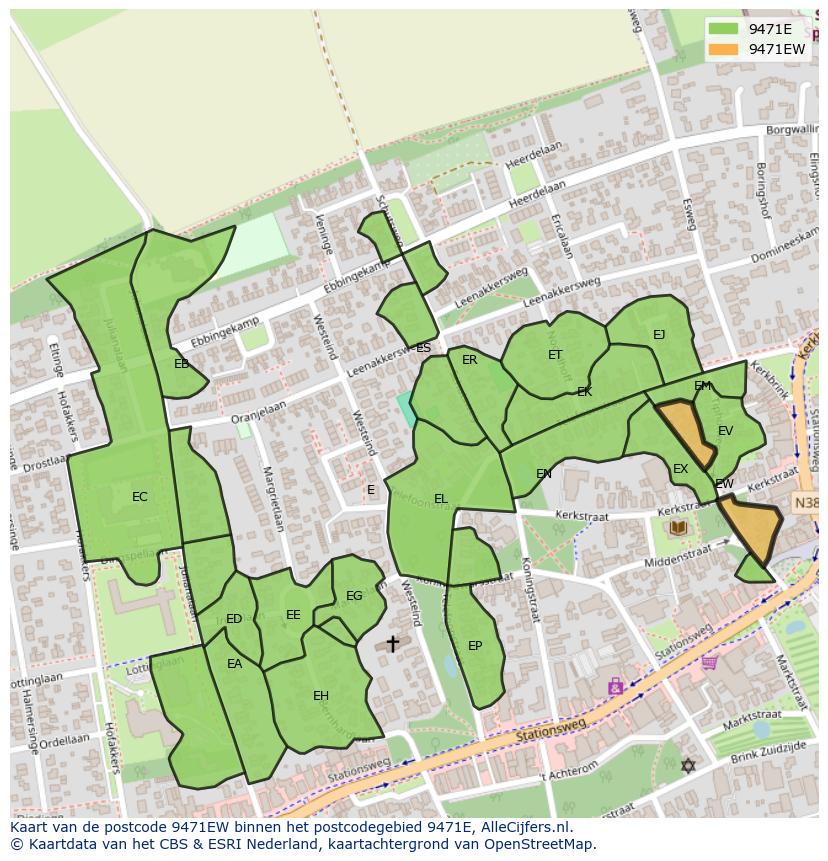 Afbeelding van het postcodegebied 9471 EW op de kaart.