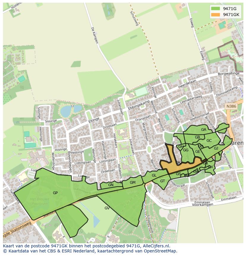 Afbeelding van het postcodegebied 9471 GK op de kaart.