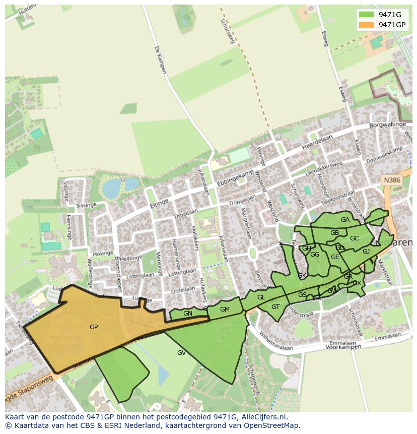 Afbeelding van het postcodegebied 9471 GP op de kaart.