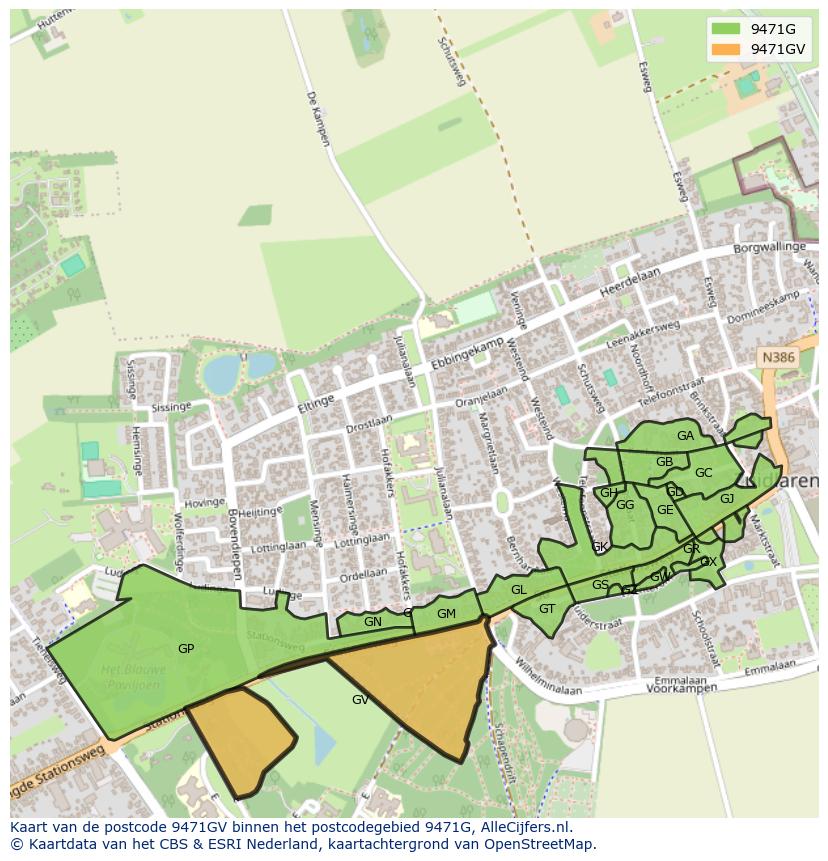 Afbeelding van het postcodegebied 9471 GV op de kaart.