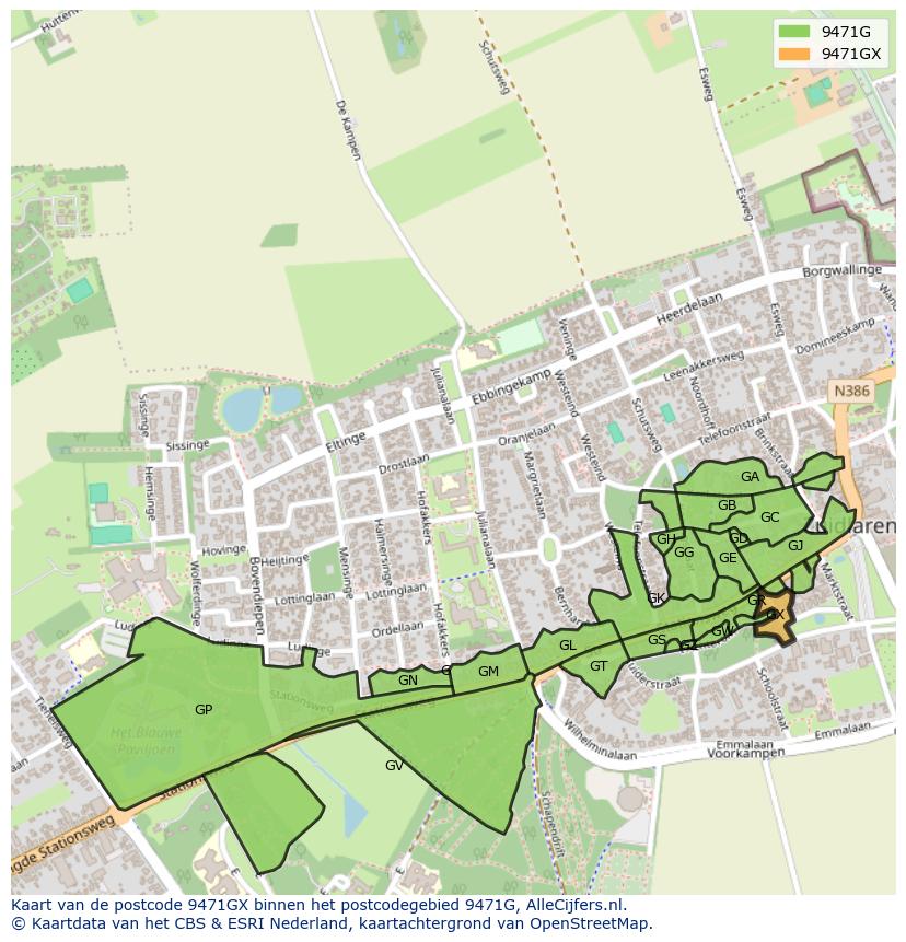 Afbeelding van het postcodegebied 9471 GX op de kaart.