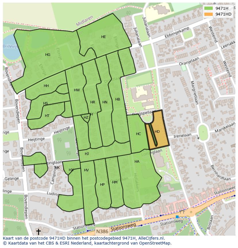 Afbeelding van het postcodegebied 9471 HD op de kaart.