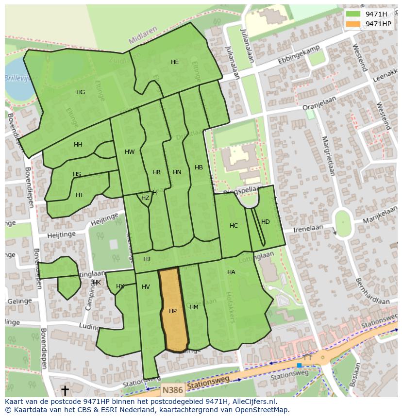 Afbeelding van het postcodegebied 9471 HP op de kaart.