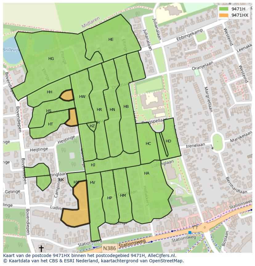 Afbeelding van het postcodegebied 9471 HX op de kaart.