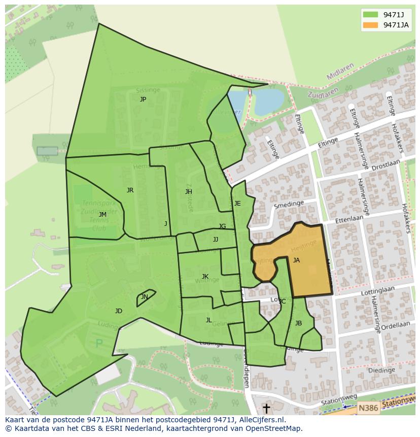 Afbeelding van het postcodegebied 9471 JA op de kaart.