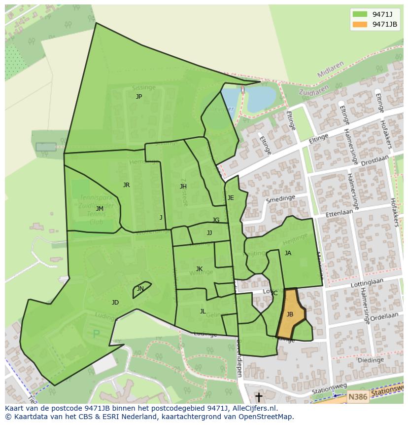 Afbeelding van het postcodegebied 9471 JB op de kaart.