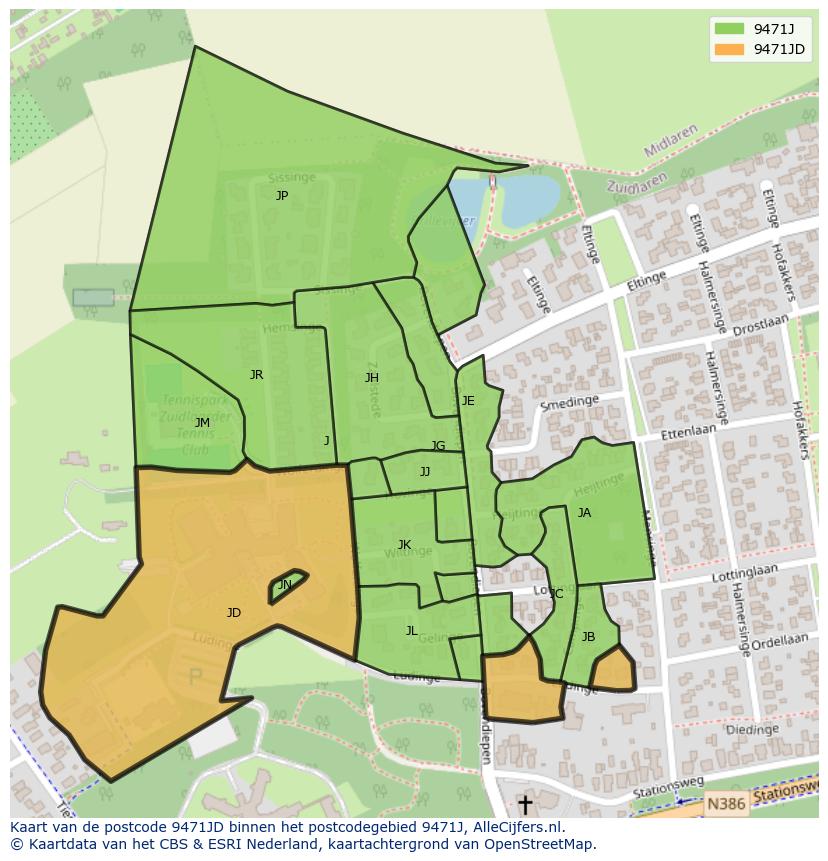 Afbeelding van het postcodegebied 9471 JD op de kaart.