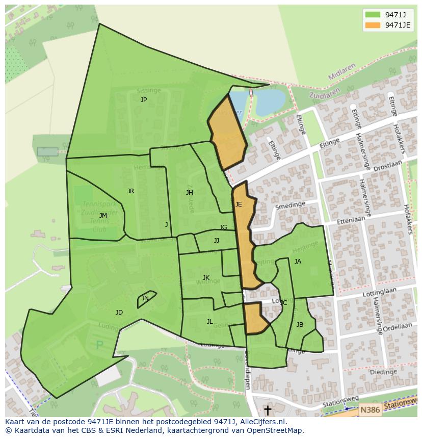 Afbeelding van het postcodegebied 9471 JE op de kaart.