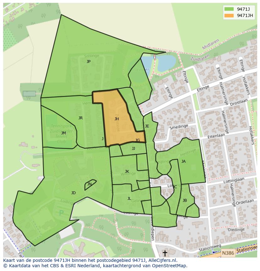 Afbeelding van het postcodegebied 9471 JH op de kaart.