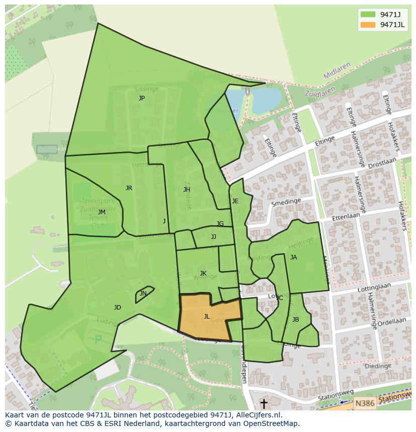 Afbeelding van het postcodegebied 9471 JL op de kaart.