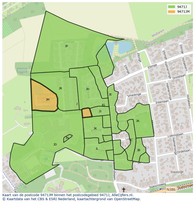Afbeelding van het postcodegebied 9471 JM op de kaart.