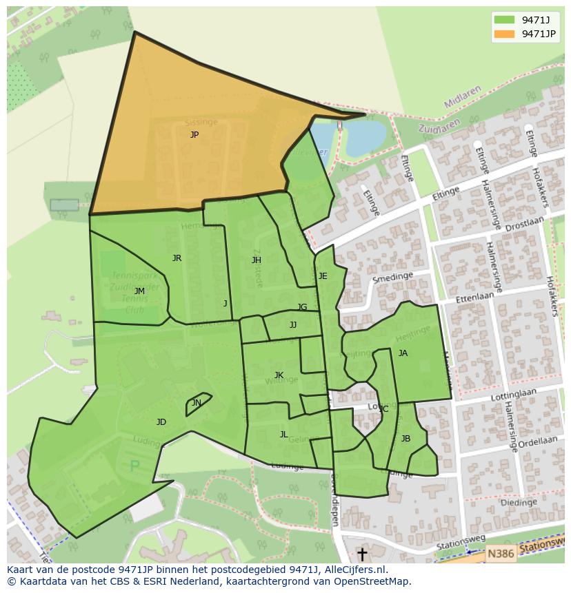 Afbeelding van het postcodegebied 9471 JP op de kaart.