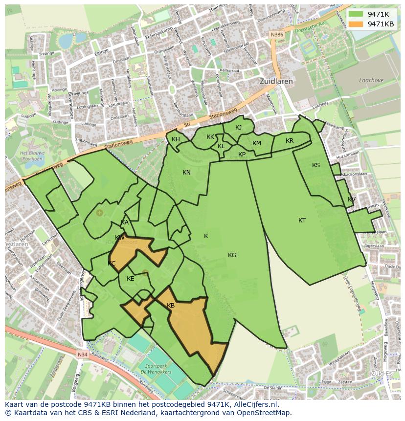 Afbeelding van het postcodegebied 9471 KB op de kaart.