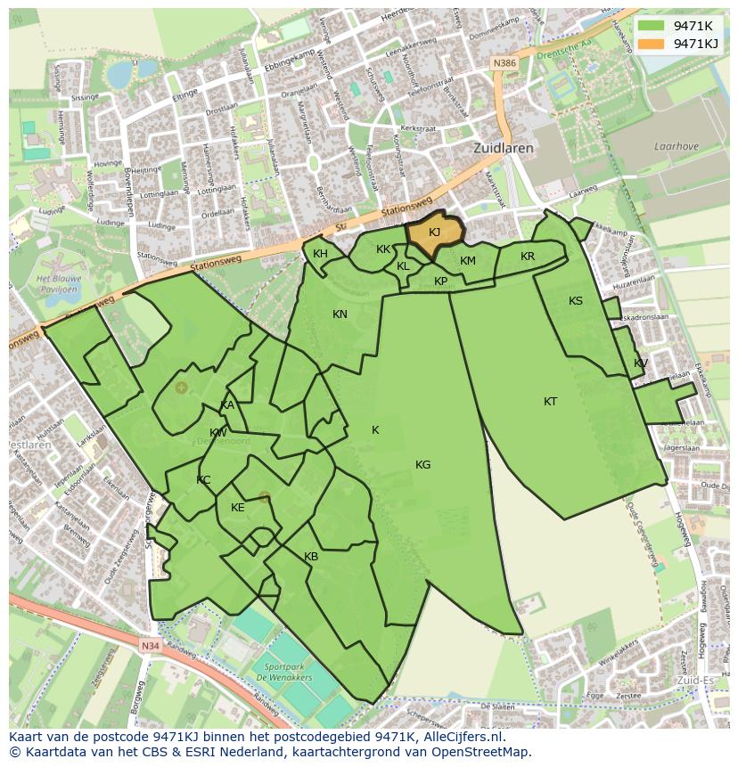 Afbeelding van het postcodegebied 9471 KJ op de kaart.