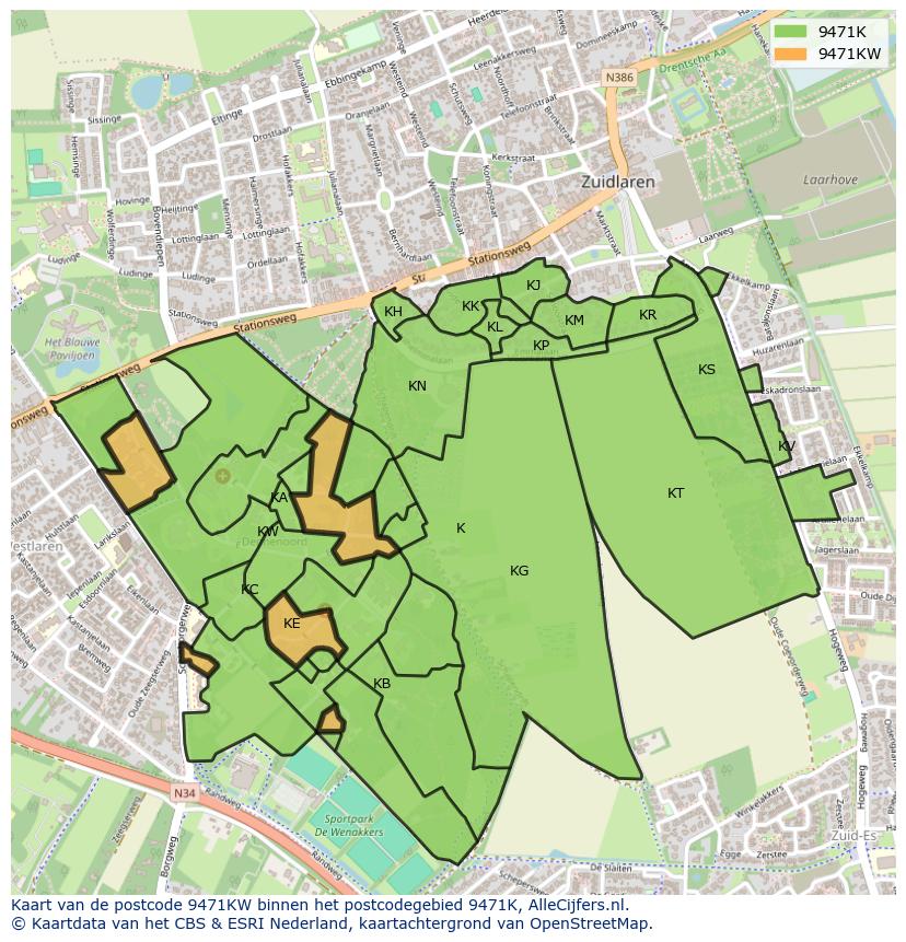 Afbeelding van het postcodegebied 9471 KW op de kaart.