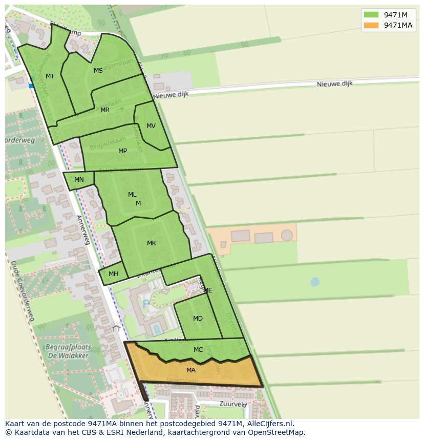 Afbeelding van het postcodegebied 9471 MA op de kaart.