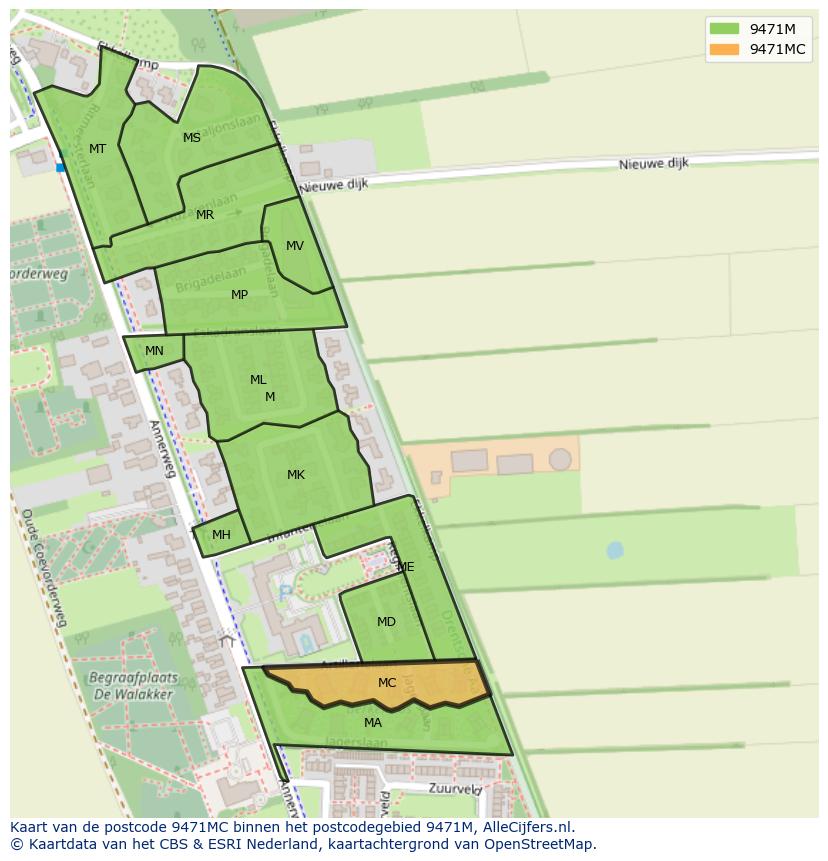Afbeelding van het postcodegebied 9471 MC op de kaart.