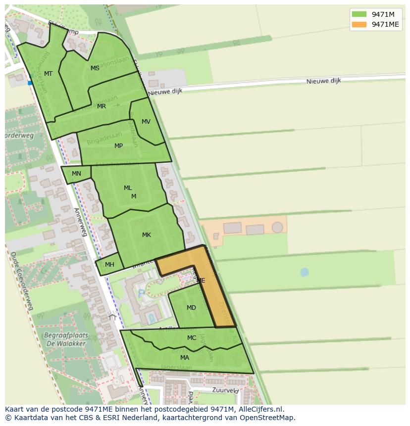 Afbeelding van het postcodegebied 9471 ME op de kaart.