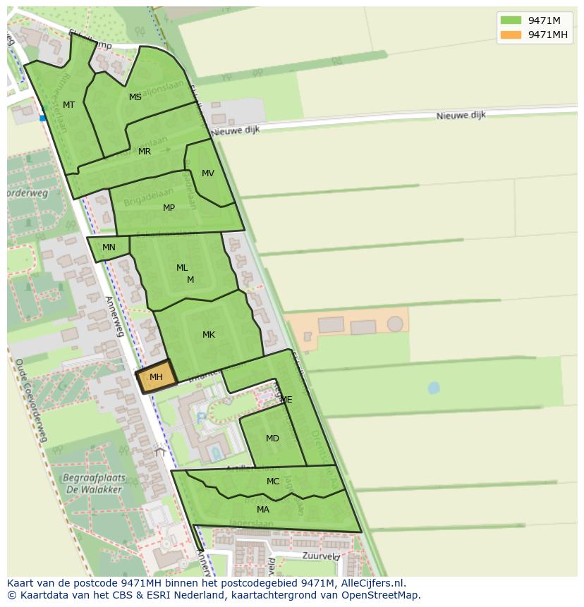 Afbeelding van het postcodegebied 9471 MH op de kaart.