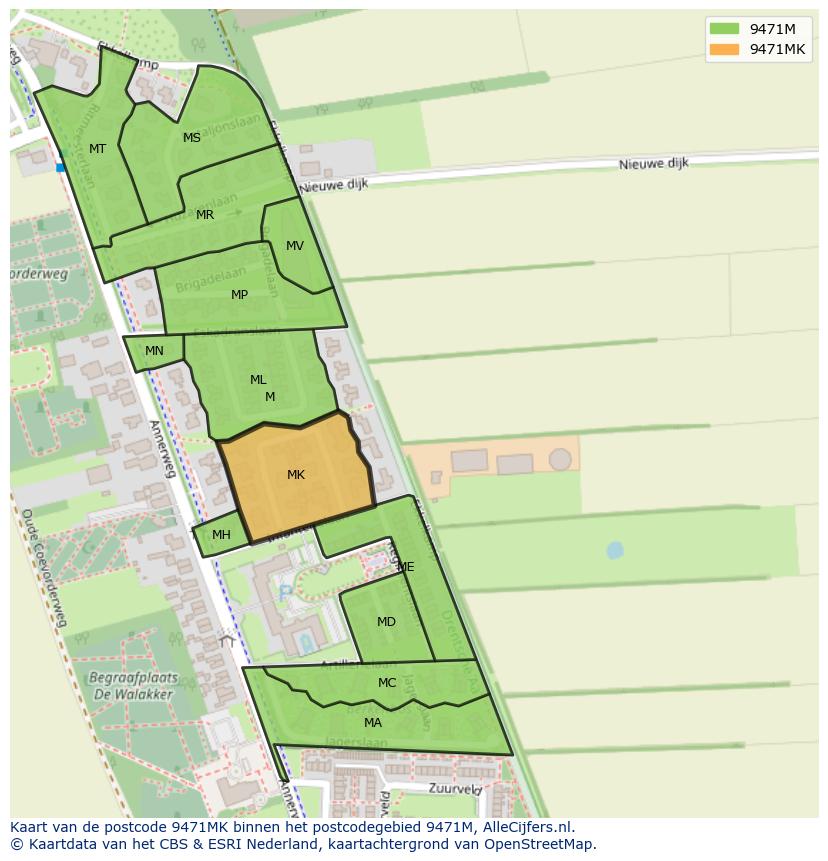 Afbeelding van het postcodegebied 9471 MK op de kaart.