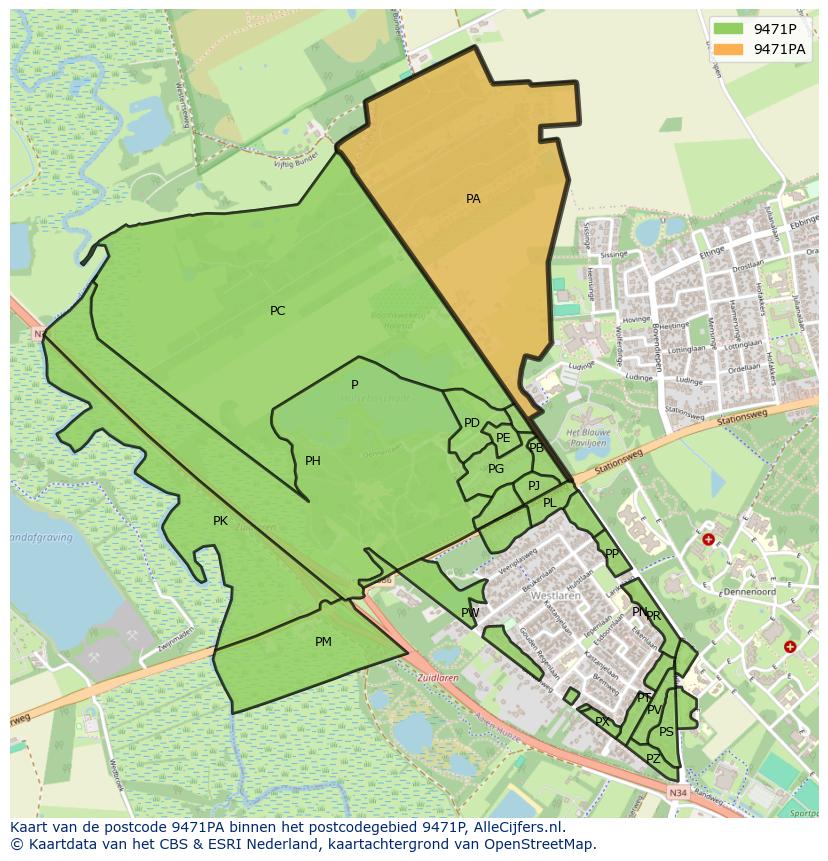 Afbeelding van het postcodegebied 9471 PA op de kaart.